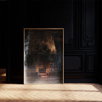 The Fire Stays Lit Till Morning, a stone fireplace glowing with a low ember fire, rough blue and brown stone walls and a dark recessed hearth, painted in charcoal, ember orange and deep teal shadow, on a black paneled wall with sunlit herringbone floor