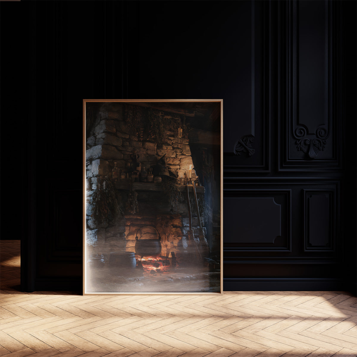 The Fire Stays Lit Till Morning, a stone fireplace glowing with a low ember fire, rough blue and brown stone walls and a dark recessed hearth, painted in charcoal, ember orange and deep teal shadow, on a black paneled wall with sunlit herringbone floor