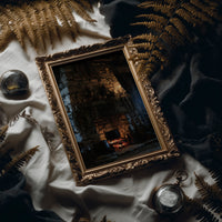 The Fire Stays Lit Till Morning, a stone fireplace glowing with a low ember fire, rough blue and brown stone walls and a dark recessed hearth, painted in charcoal, ember orange and deep teal shadow, in an antique gold frame laid on white linen with ferns and a pocket watch