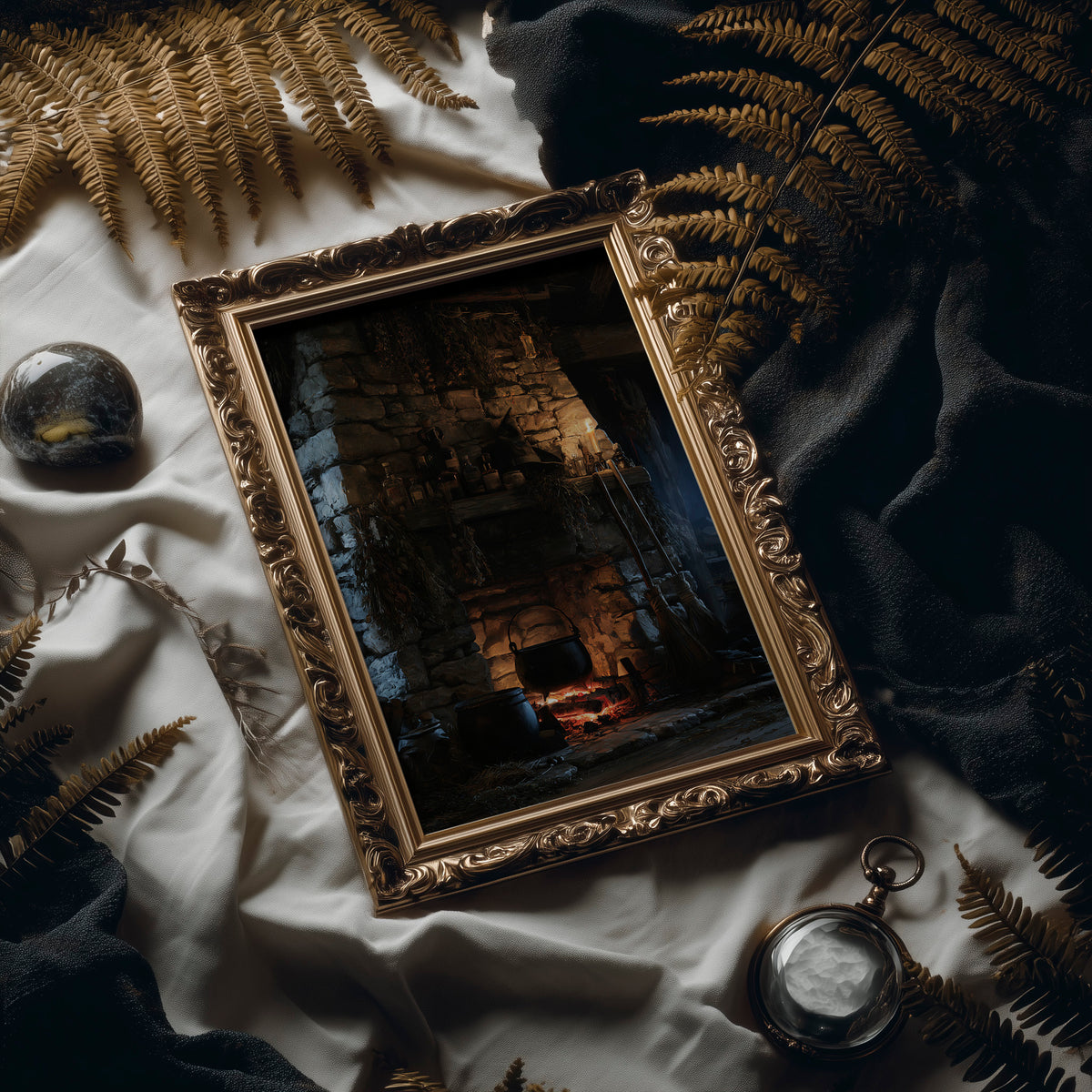 The Fire Stays Lit Till Morning, a stone fireplace glowing with a low ember fire, rough blue and brown stone walls and a dark recessed hearth, painted in charcoal, ember orange and deep teal shadow, in an antique gold frame laid on white linen with ferns and a pocket watch