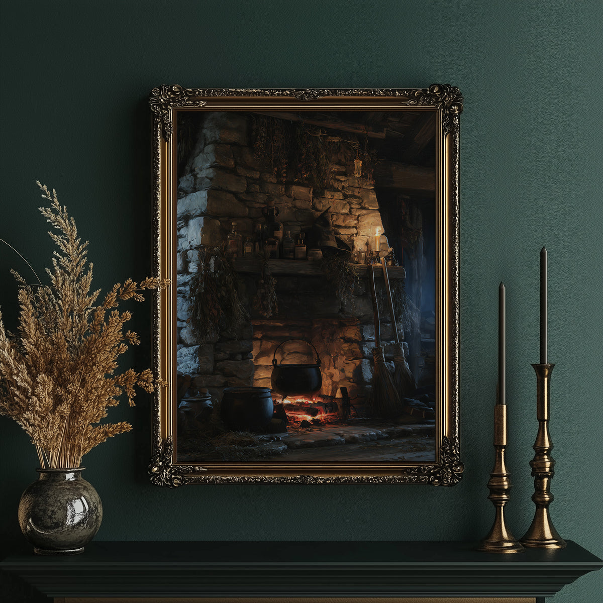 The Fire Stays Lit Till Morning, a stone fireplace glowing with a low ember fire, rough blue and brown stone walls and a dark recessed hearth, painted in charcoal, ember orange and deep teal shadow, in an ornate gold frame on a deep green wall beside brass candlesticks