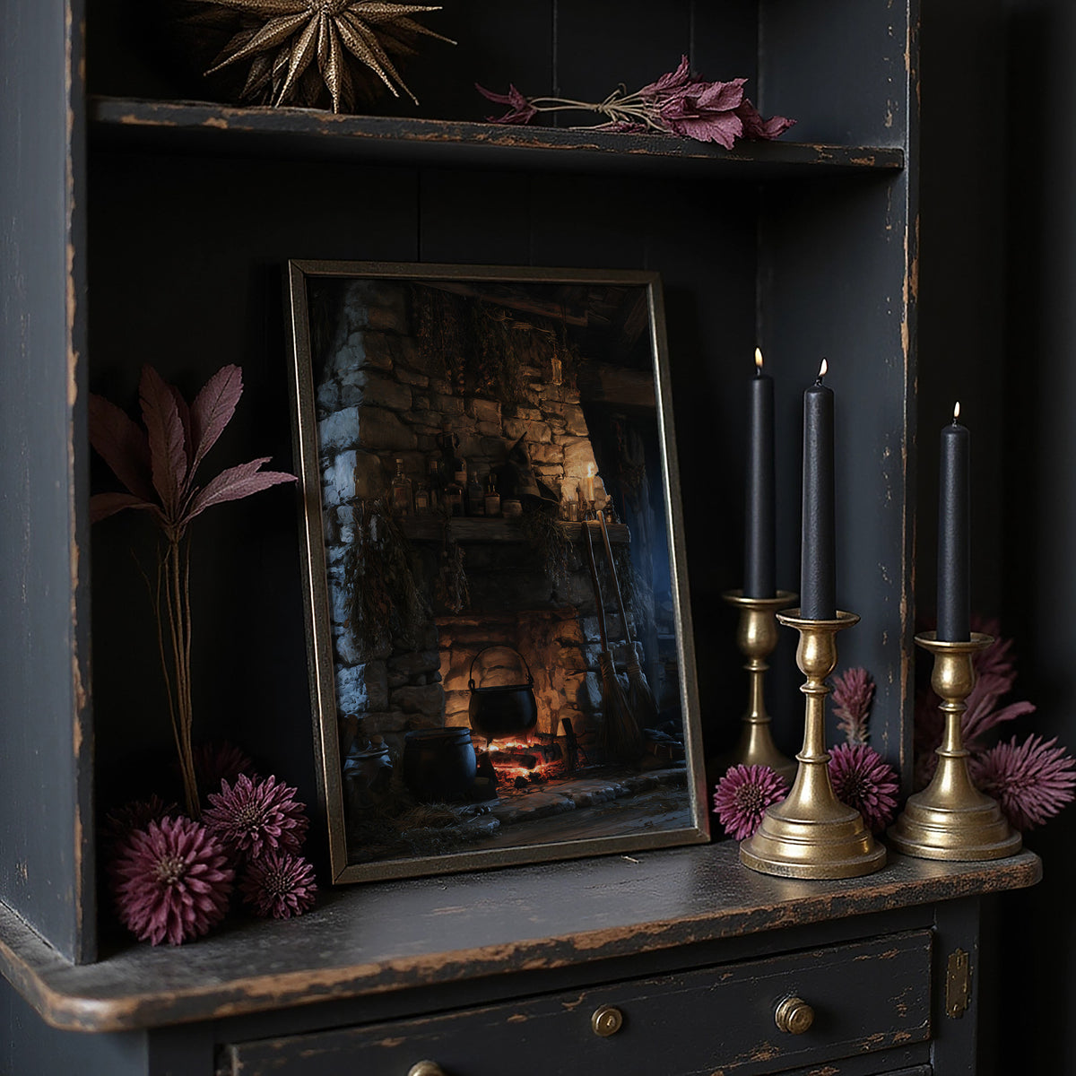 The Fire Stays Lit Till Morning, a stone fireplace glowing with a low ember fire, rough blue and brown stone walls and a dark recessed hearth, painted in charcoal, ember orange and deep teal shadow, on a dark wooden cabinet shelf with candles and dried flowers