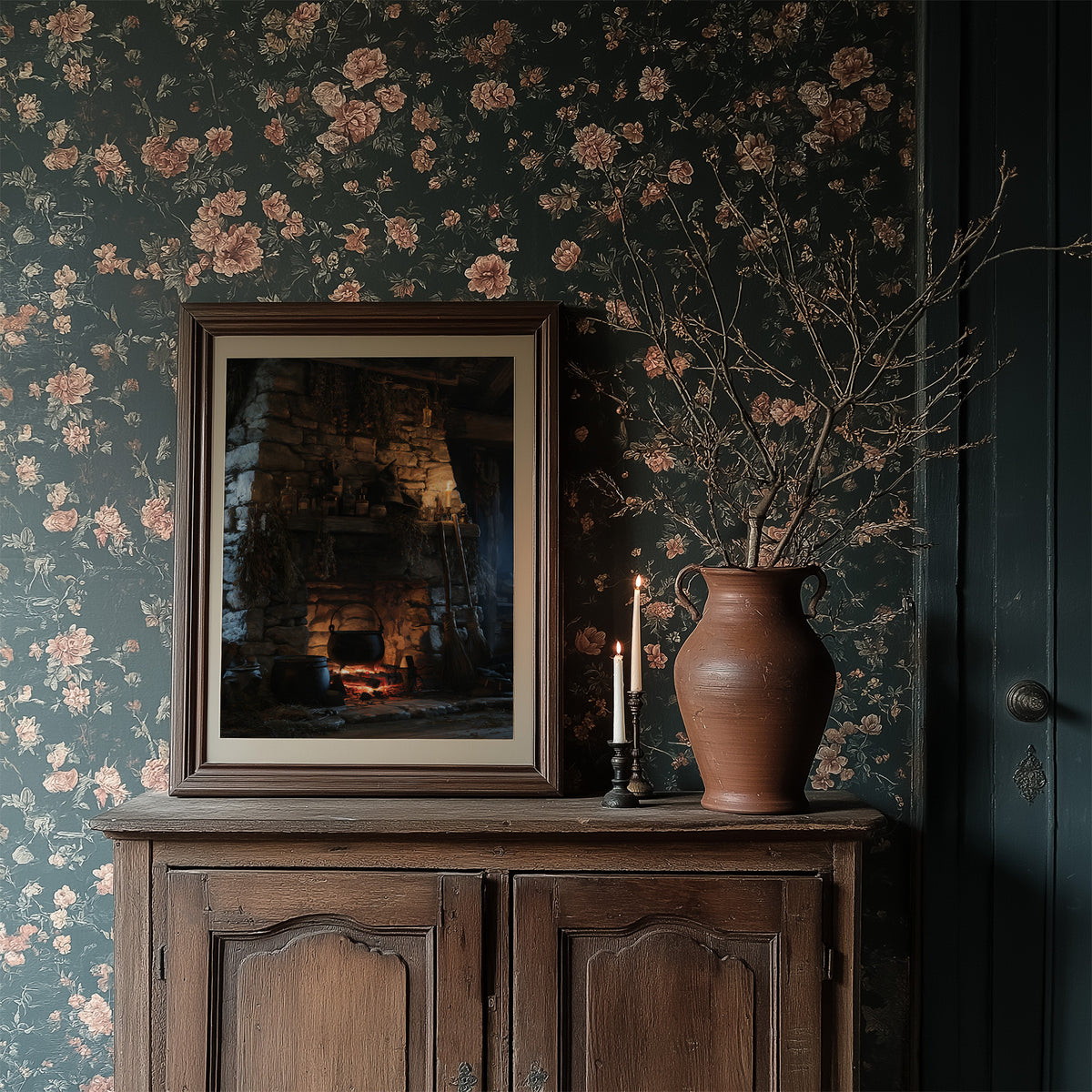 The Fire Stays Lit Till Morning, a stone fireplace glowing with a low ember fire, rough blue and brown stone walls and a dark recessed hearth, painted in charcoal, ember orange and deep teal shadow, in a dark frame on a wooden dresser against floral wallpaper