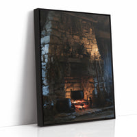 The Fire Stays Lit Till Morning, a stone fireplace glowing with a low ember fire, rough blue and brown stone walls and a dark recessed hearth, painted in charcoal, ember orange and deep teal shadow, as a framed canvas in a black frame