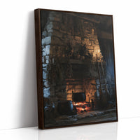 The Fire Stays Lit Till Morning, a stone fireplace glowing with a low ember fire, rough blue and brown stone walls and a dark recessed hearth, painted in charcoal, ember orange and deep teal shadow, as a framed canvas in a brown frame