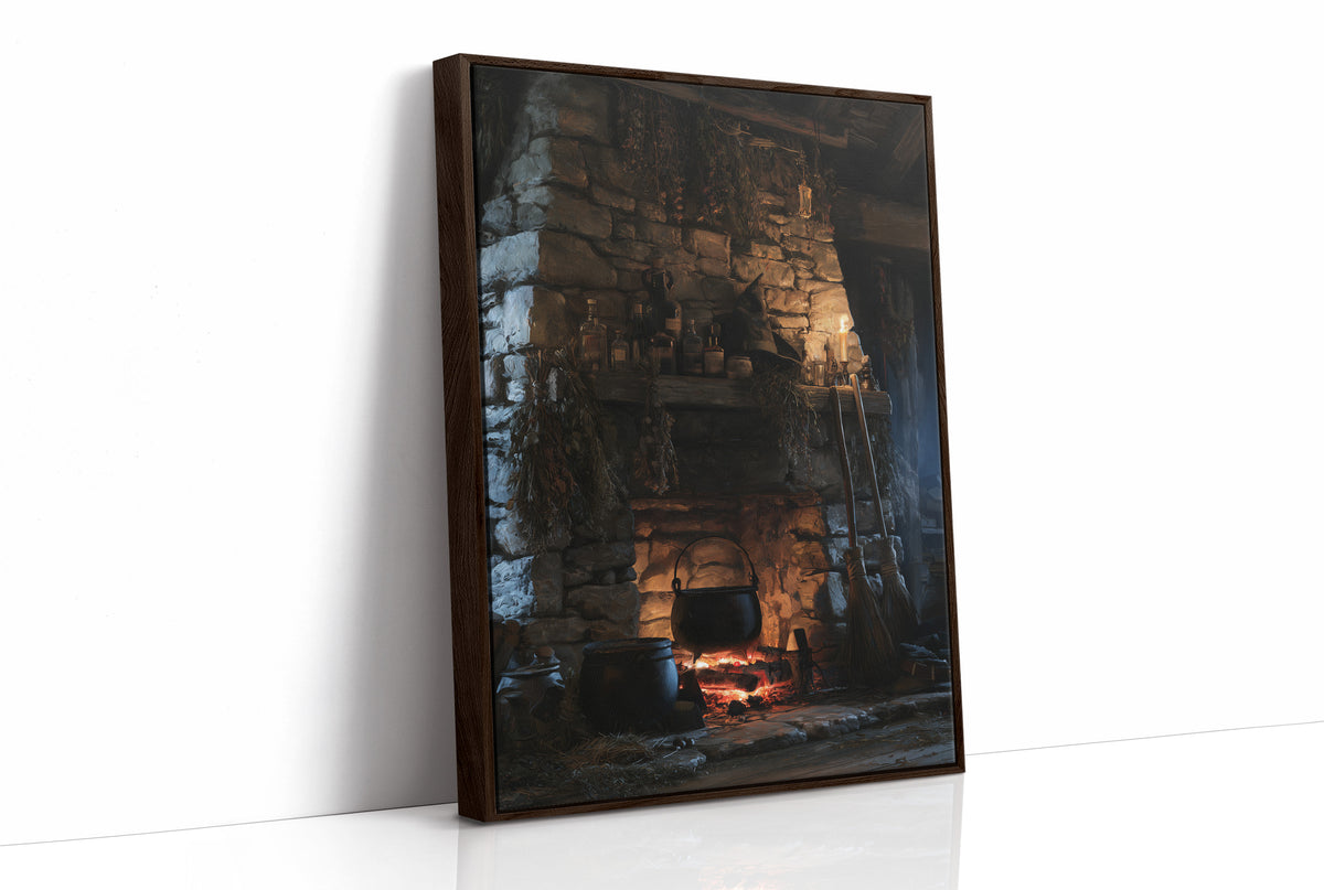 The Fire Stays Lit Till Morning, a stone fireplace glowing with a low ember fire, rough blue and brown stone walls and a dark recessed hearth, painted in charcoal, ember orange and deep teal shadow, as a framed canvas in a brown frame