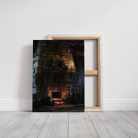 The Fire Stays Lit Till Morning, a stone fireplace glowing with a low ember fire, rough blue and brown stone walls and a dark recessed hearth, painted in charcoal, ember orange and deep teal shadow, on a gallery canvas with wrapped edges leaning against a white wall