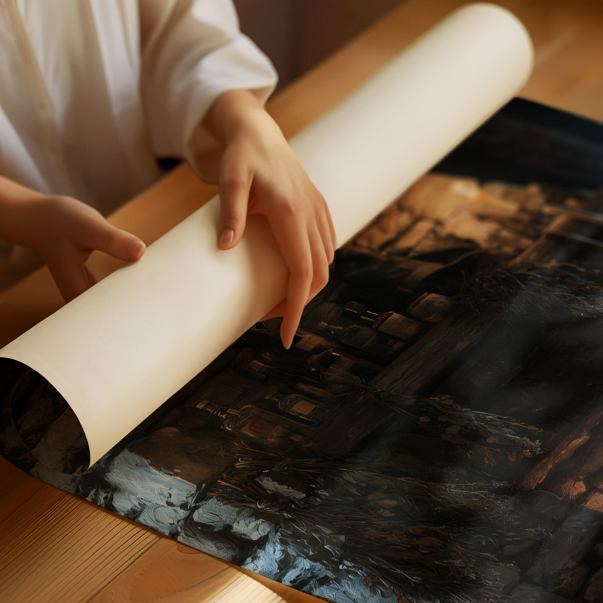 The Fire Stays Lit Till Morning, a stone fireplace glowing with a low ember fire, rough blue and brown stone walls and a dark recessed hearth, painted in charcoal, ember orange and deep teal shadow, as a matte poster, unframed