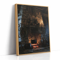 The Fire Stays Lit Till Morning, a stone fireplace glowing with a low ember fire, rough blue and brown stone walls and a dark recessed hearth, painted in charcoal, ember orange and deep teal shadow, as a framed canvas in a natural wood frame