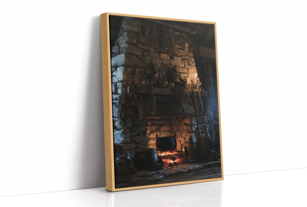 The Fire Stays Lit Till Morning, a stone fireplace glowing with a low ember fire, rough blue and brown stone walls and a dark recessed hearth, painted in charcoal, ember orange and deep teal shadow, as a framed canvas in a natural wood frame