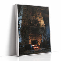 The Fire Stays Lit Till Morning, a stone fireplace glowing with a low ember fire, rough blue and brown stone walls and a dark recessed hearth, painted in charcoal, ember orange and deep teal shadow, as a framed canvas in a white frame