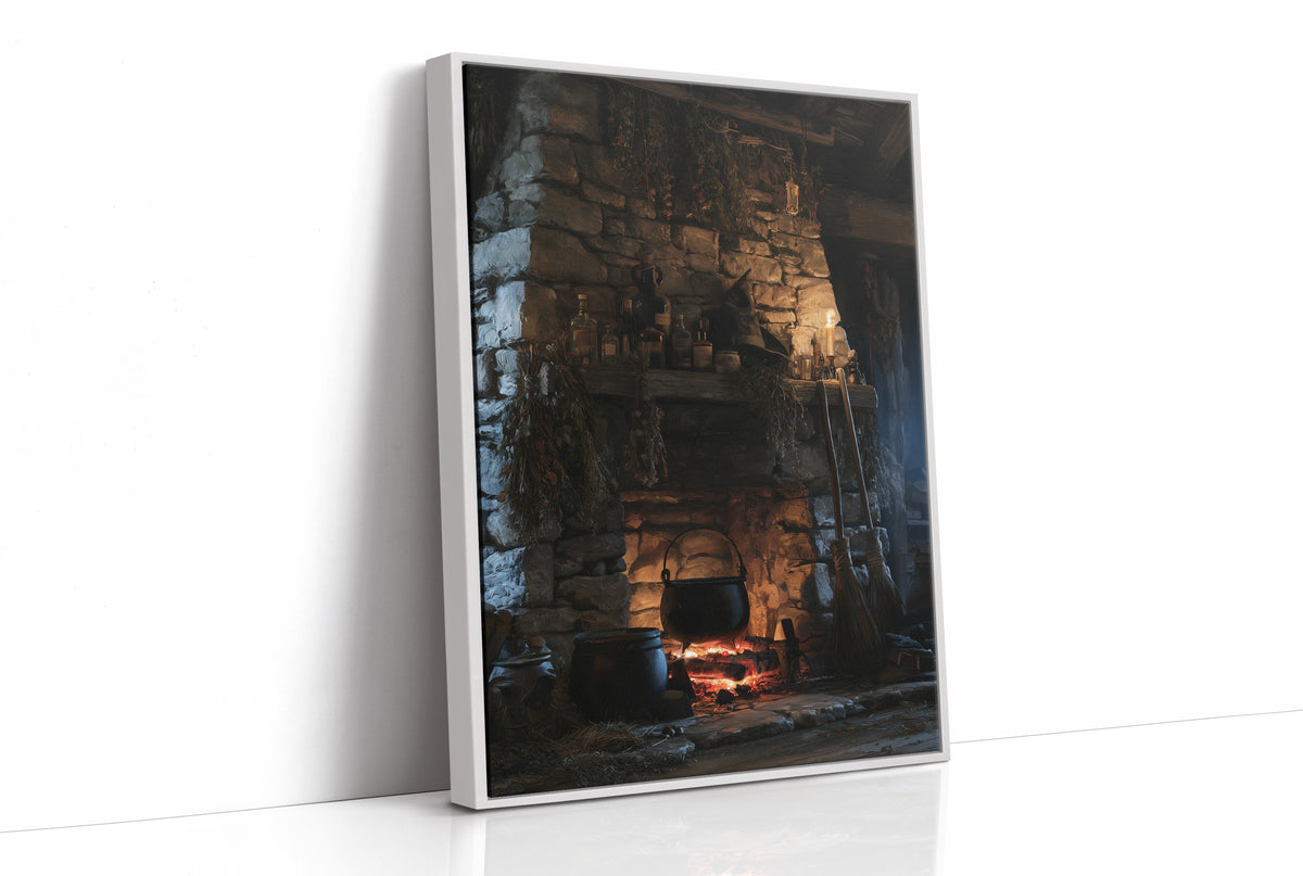 The Fire Stays Lit Till Morning, a stone fireplace glowing with a low ember fire, rough blue and brown stone walls and a dark recessed hearth, painted in charcoal, ember orange and deep teal shadow, as a framed canvas in a white frame