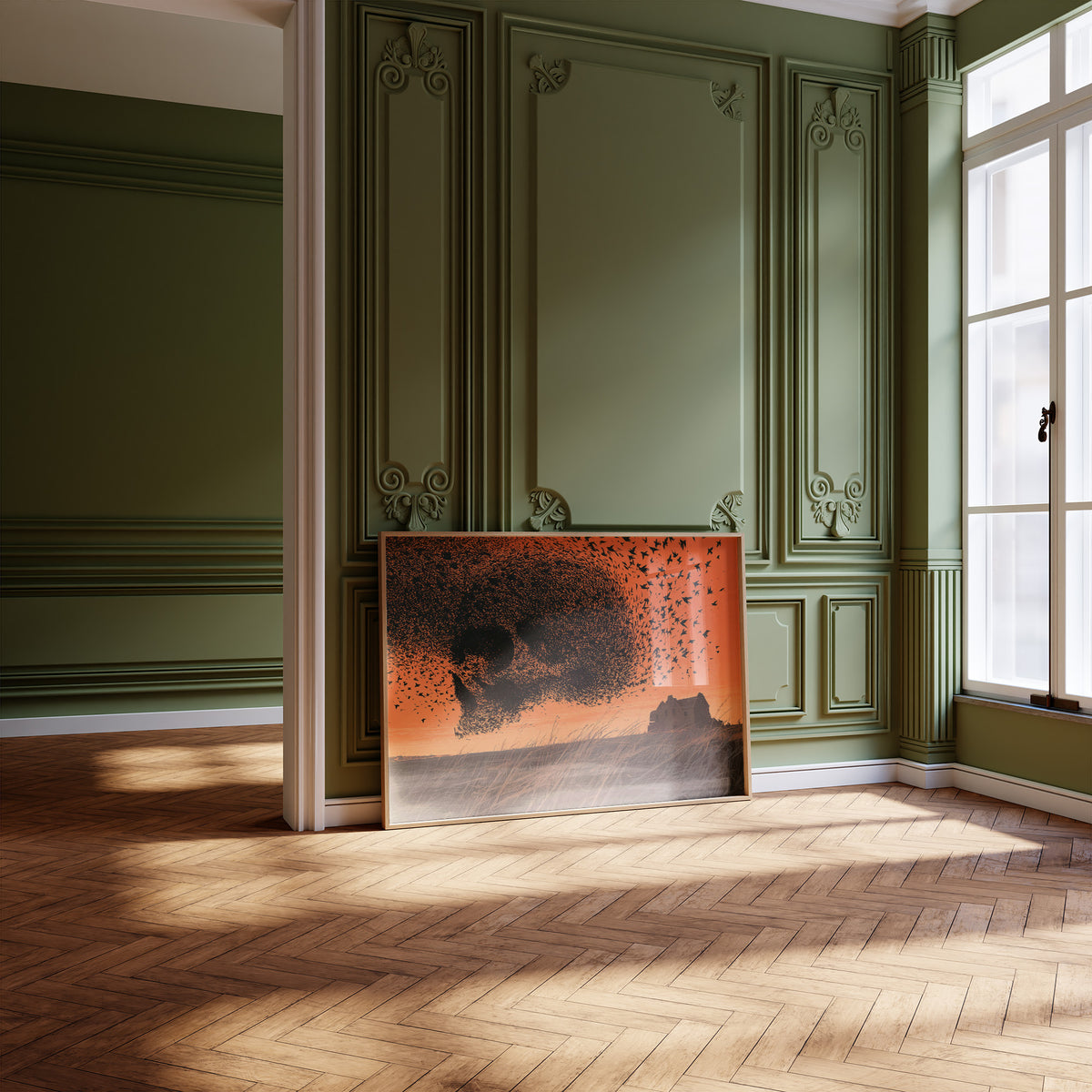 The Flock Keeps Its Own Shape, skull made of a swarm of birds over an orange sky above a mesa painting, leaning on a herringbone floor in a green paneled room with tall windows