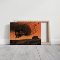 The Flock Keeps Its Own Shape, skull made of a swarm of birds over an orange sky above a mesa painting, on a gallery canvas with wrapped edges leaning against a white wall