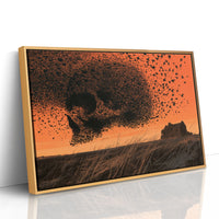 The Flock Keeps Its Own Shape, skull made of a swarm of birds over an orange sky above a mesa painting, as a framed canvas in a natural wood frame