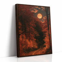 The Forest Burns Without Sound, an autumn forest path under a huge orange moon, all rust, ember red and deep shadow, as a framed canvas in a brown frame