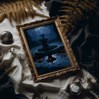 The Fountain Holds Its Breath, moonlit garden fountain painting in deep blue, in an antique gold frame laid on white linen with ferns and a pocket watch