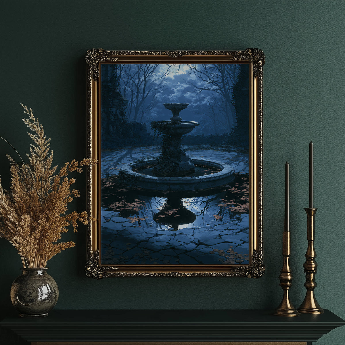 The Fountain Holds Its Breath, moonlit garden fountain painting in deep blue, in an ornate gold frame on a deep green wall beside brass candlesticks