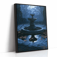 The Fountain Holds Its Breath, moonlit garden fountain painting in deep blue, as a framed canvas in a black frame