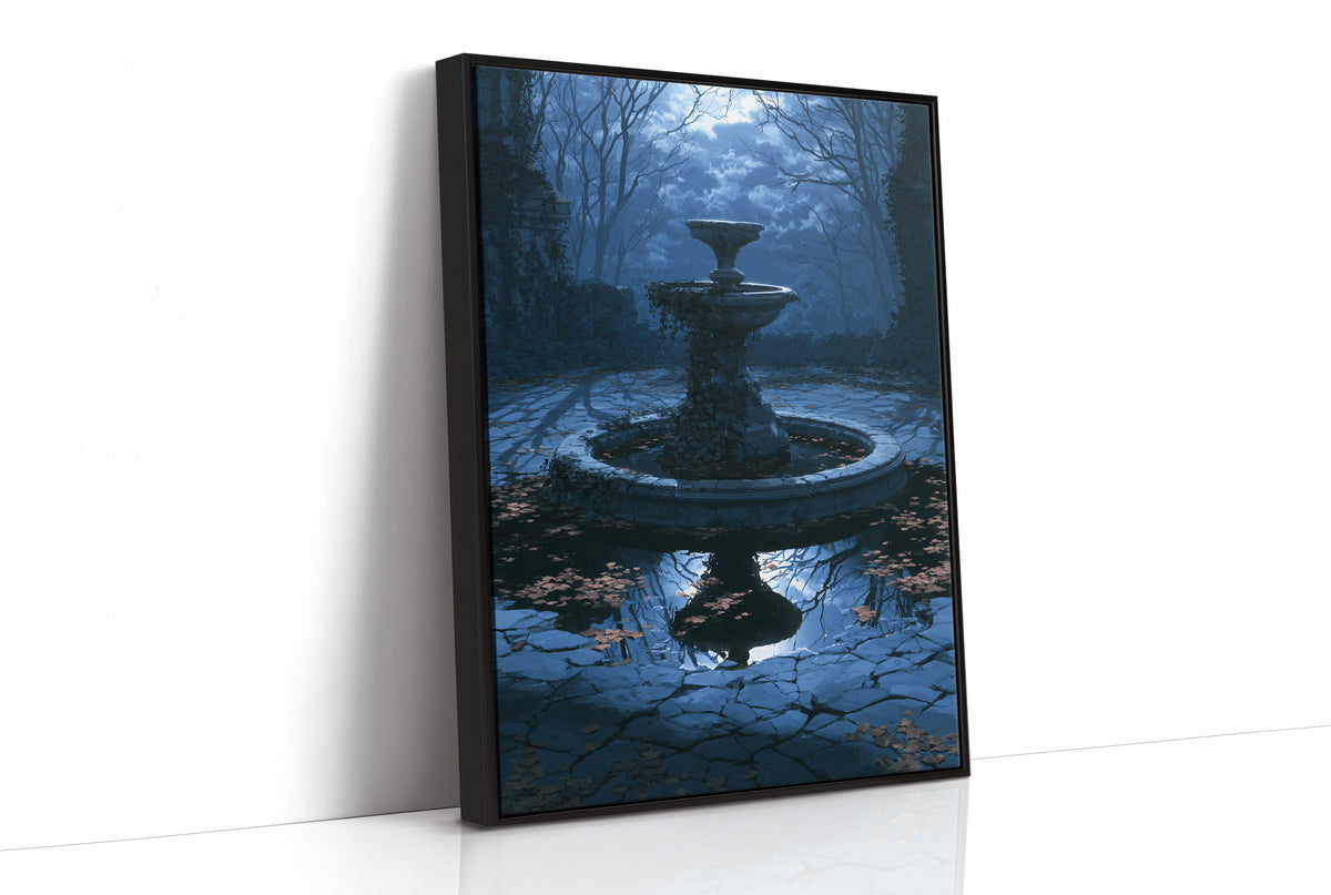 The Fountain Holds Its Breath, moonlit garden fountain painting in deep blue, as a framed canvas in a black frame