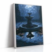 The Fountain Holds Its Breath, moonlit garden fountain painting in deep blue, as a framed canvas in a white frame