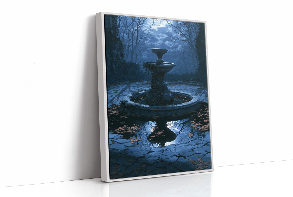 The Fountain Holds Its Breath, moonlit garden fountain painting in deep blue, as a framed canvas in a white frame