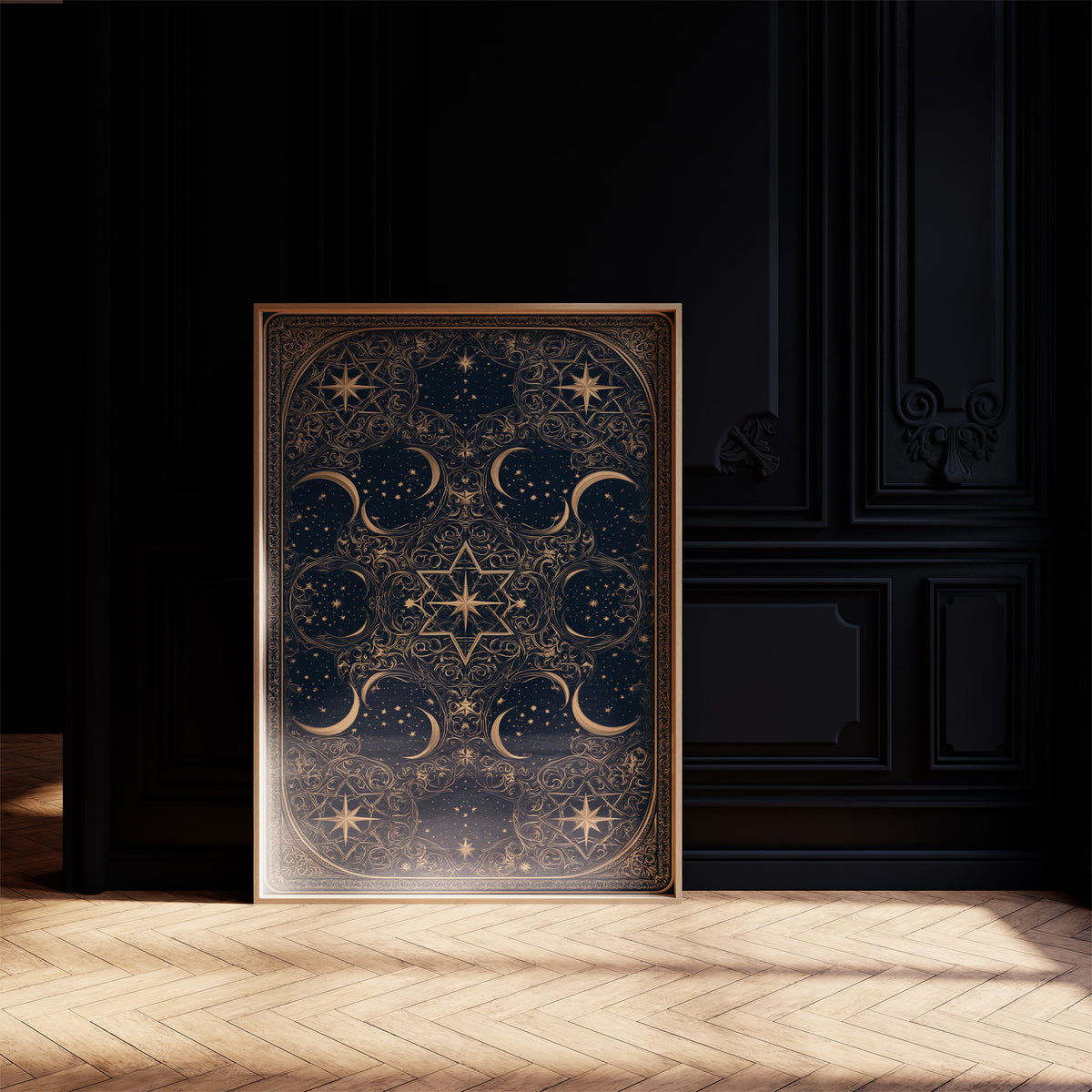 The Gilded Wheel of Midnight, a gold ornamental mandala of moon phases and stars on a deep navy field, painted in navy and antique gold, on a black paneled wall with sunlit herringbone floor