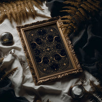 The Gilded Wheel of Midnight, a gold ornamental mandala of moon phases and stars on a deep navy field, painted in navy and antique gold, in an antique gold frame laid on white linen with ferns and a pocket watch