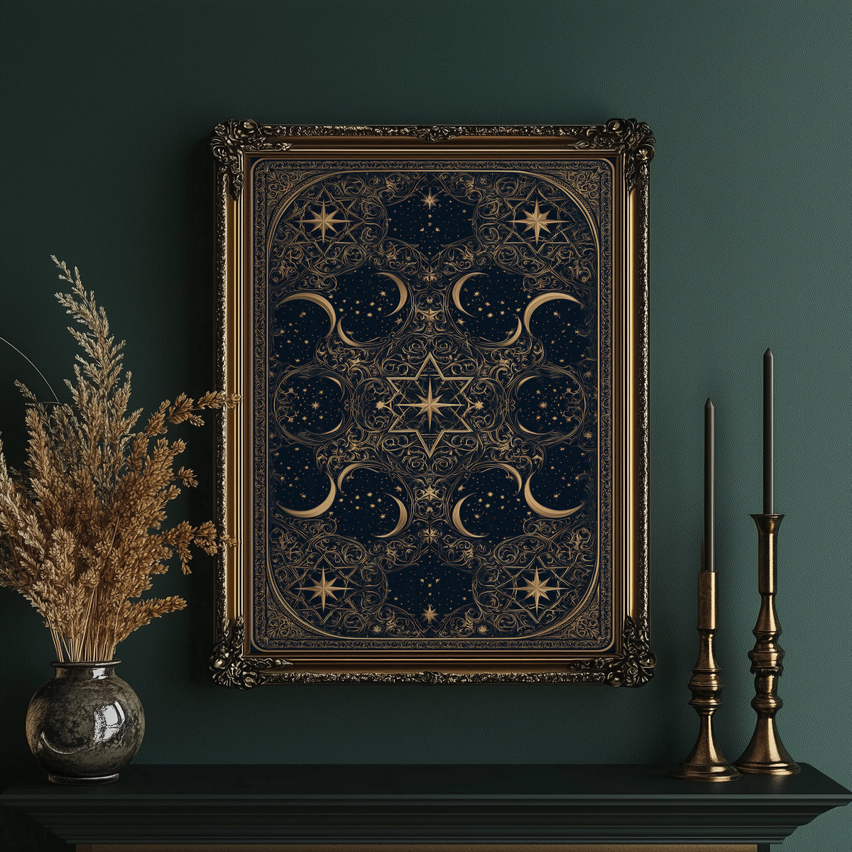 The Gilded Wheel of Midnight, a gold ornamental mandala of moon phases and stars on a deep navy field, painted in navy and antique gold, in an ornate gold frame on a deep green wall beside brass candlesticks