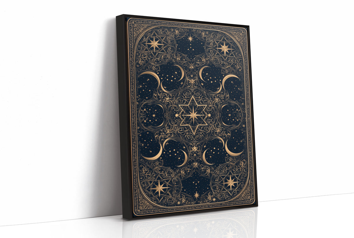 The Gilded Wheel of Midnight, a gold ornamental mandala of moon phases and stars on a deep navy field, painted in navy and antique gold, as a framed canvas in a black frame