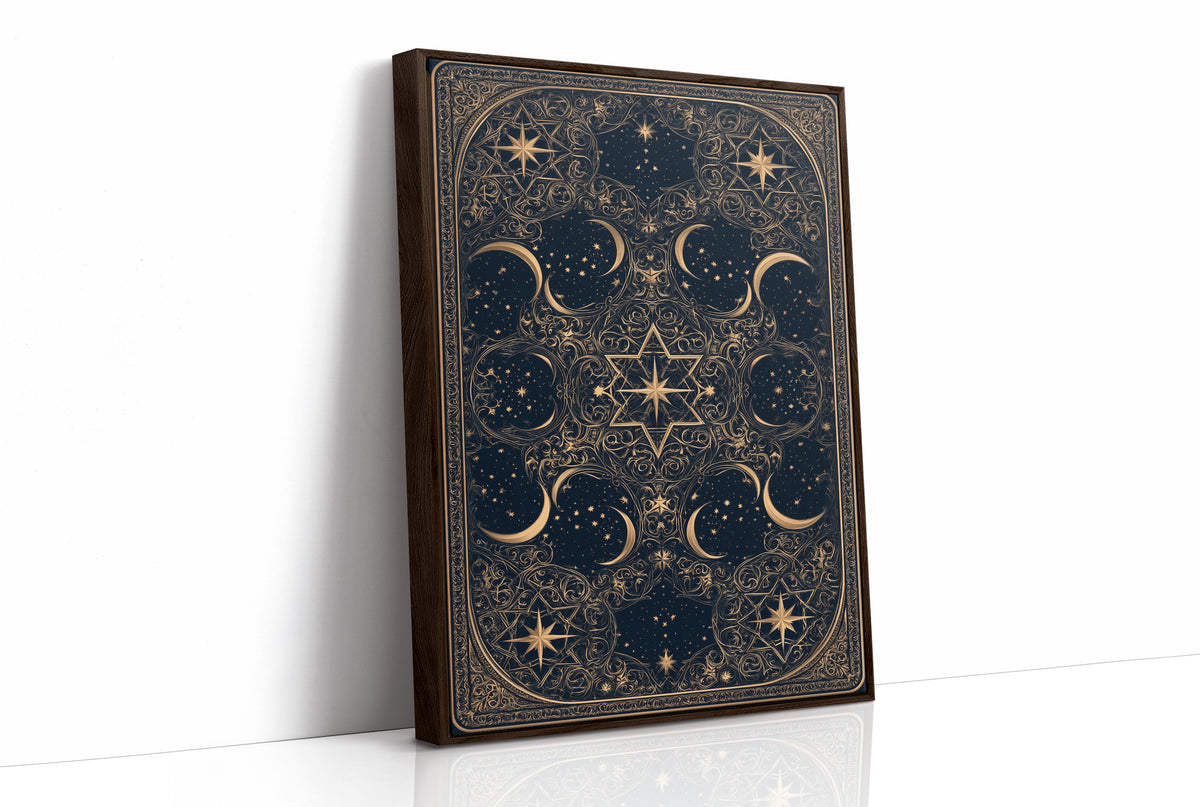 The Gilded Wheel of Midnight, a gold ornamental mandala of moon phases and stars on a deep navy field, painted in navy and antique gold, as a framed canvas in a brown frame