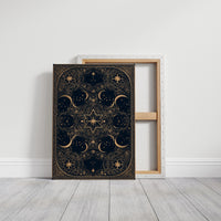 The Gilded Wheel of Midnight, a gold ornamental mandala of moon phases and stars on a deep navy field, painted in navy and antique gold, on a gallery canvas with wrapped edges leaning against a white wall