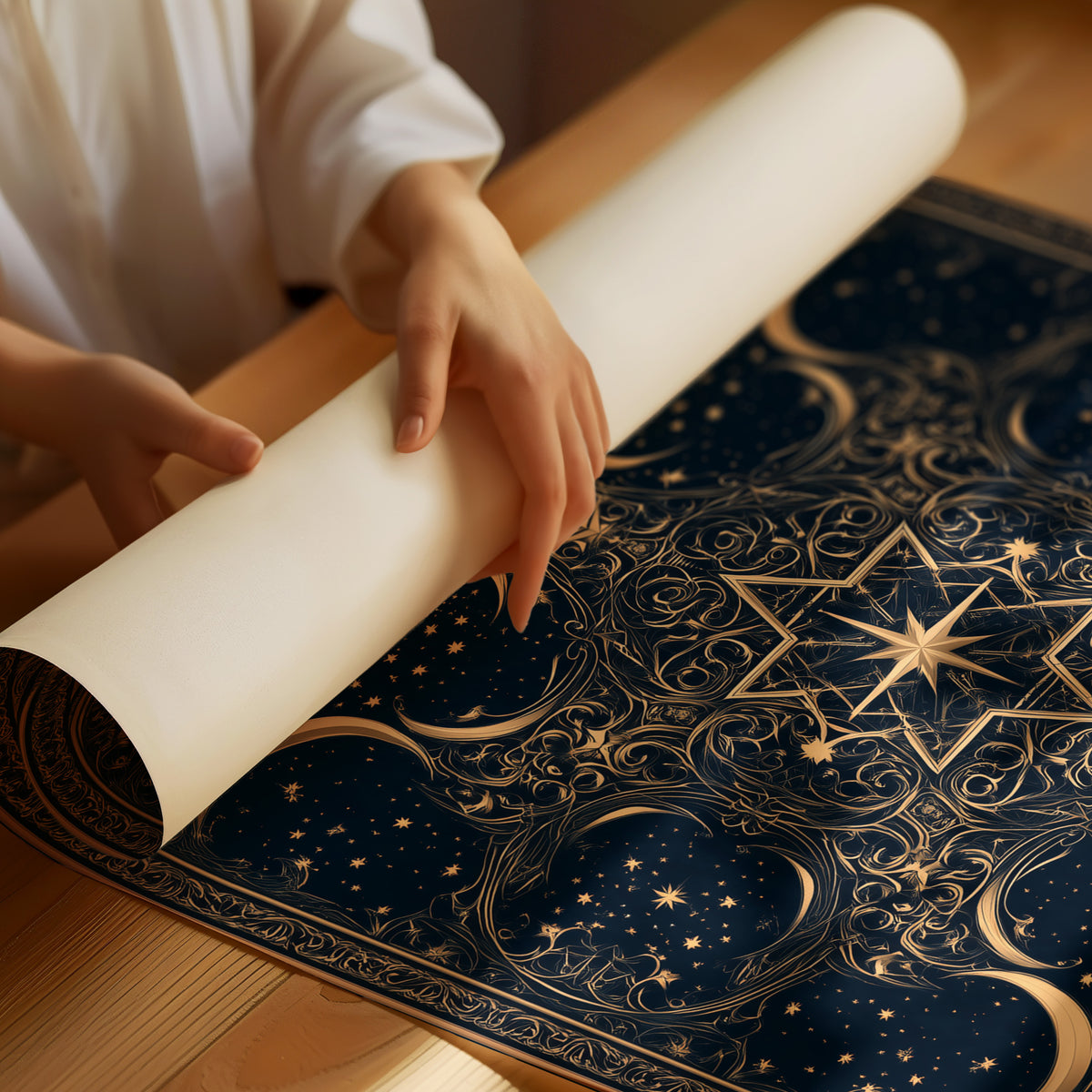 The Gilded Wheel of Midnight, a gold ornamental mandala of moon phases and stars on a deep navy field, painted in navy and antique gold, as a matte poster, unframed