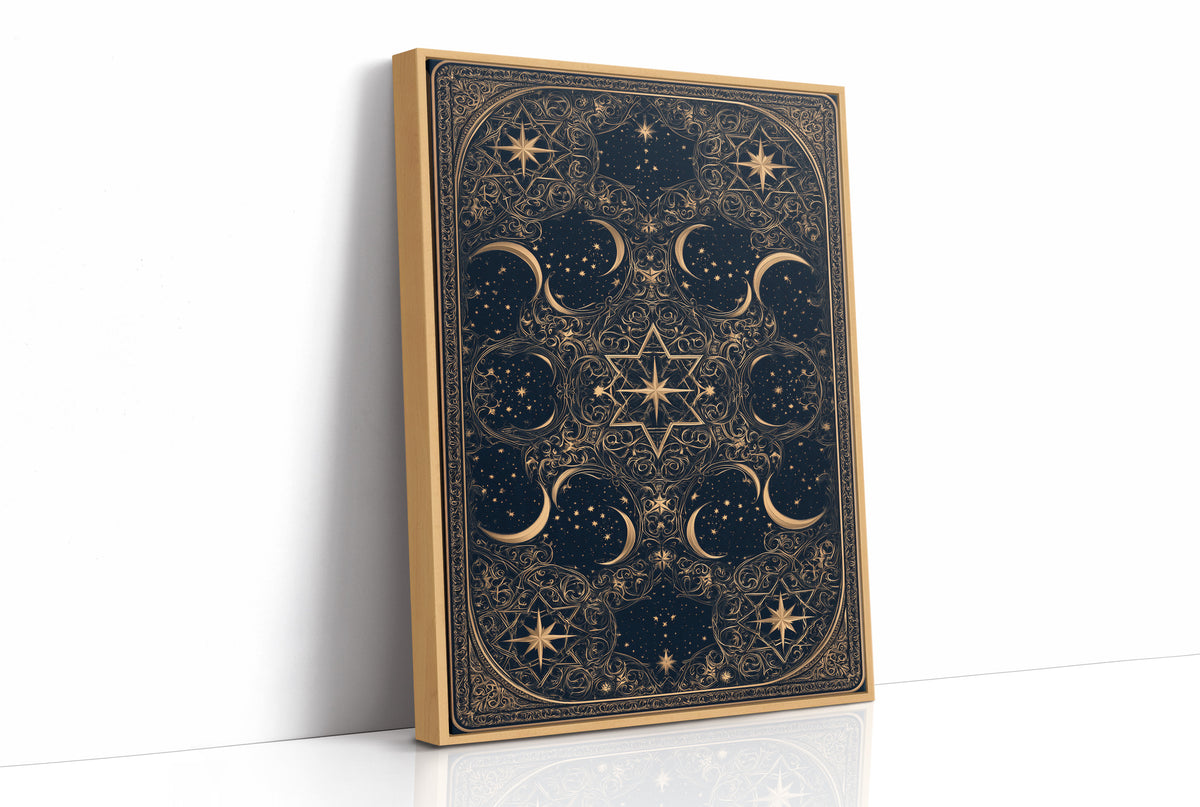 The Gilded Wheel of Midnight, a gold ornamental mandala of moon phases and stars on a deep navy field, painted in navy and antique gold, as a framed canvas in a natural wood frame