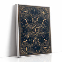 The Gilded Wheel of Midnight, a gold ornamental mandala of moon phases and stars on a deep navy field, painted in navy and antique gold, as a framed canvas in a white frame