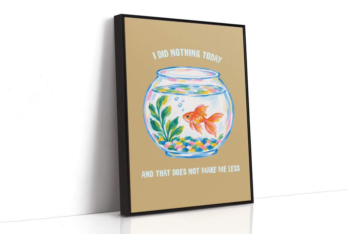 The Goldfish Takes the Afternoon, a goldfish circling a round bowl of pale blue water with green plants, with three lines of cream lettering on a mustard ground, in a flat playful illustrated style painted in mustard, blue and cream, as a framed canvas in a black frame