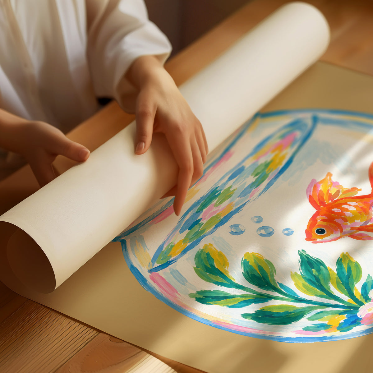 The Goldfish Takes the Afternoon, a goldfish circling a round bowl of pale blue water with green plants, with three lines of cream lettering on a mustard ground, in a flat playful illustrated style painted in mustard, blue and cream, as a matte poster, unframed