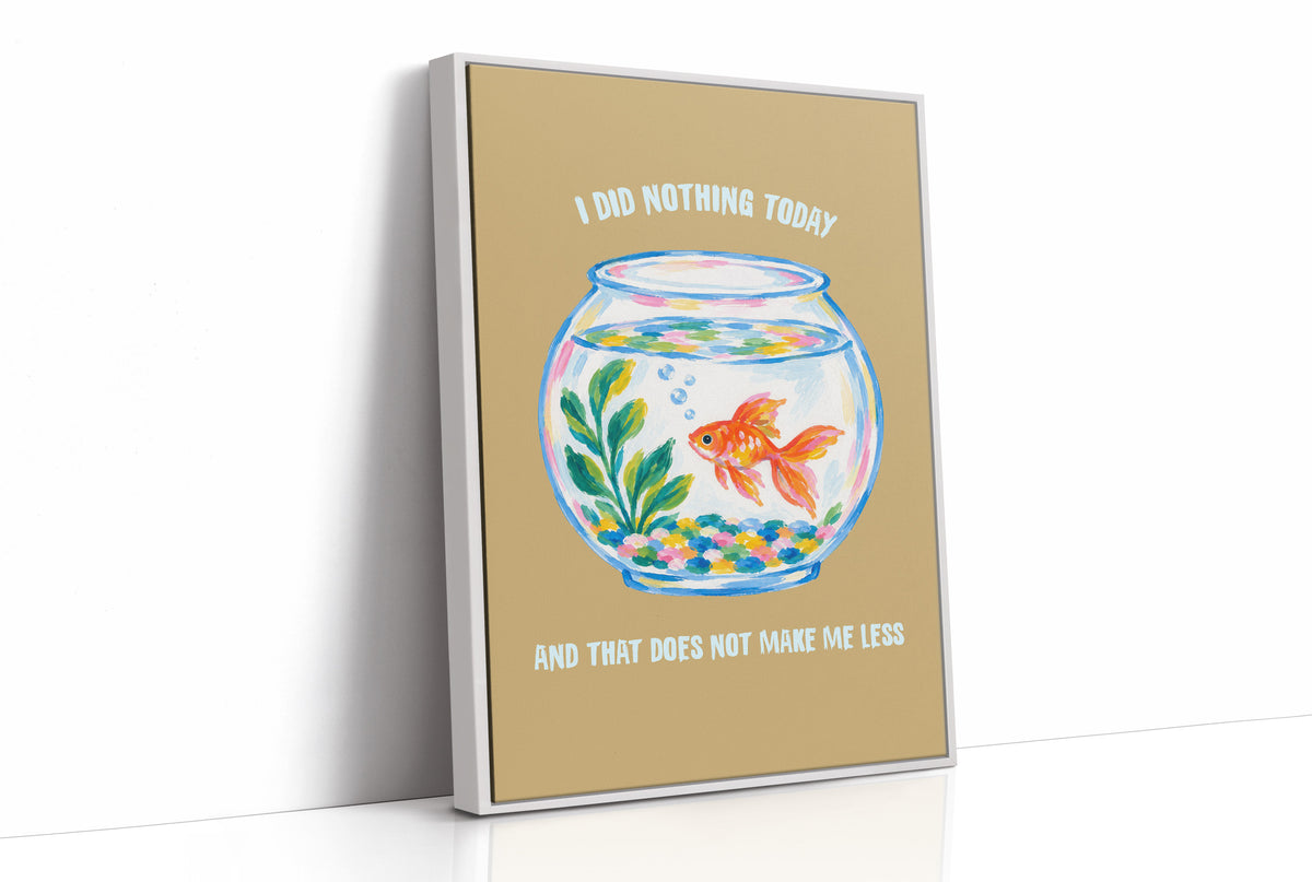 The Goldfish Takes the Afternoon, a goldfish circling a round bowl of pale blue water with green plants, with three lines of cream lettering on a mustard ground, in a flat playful illustrated style painted in mustard, blue and cream, as a framed canvas in a white frame