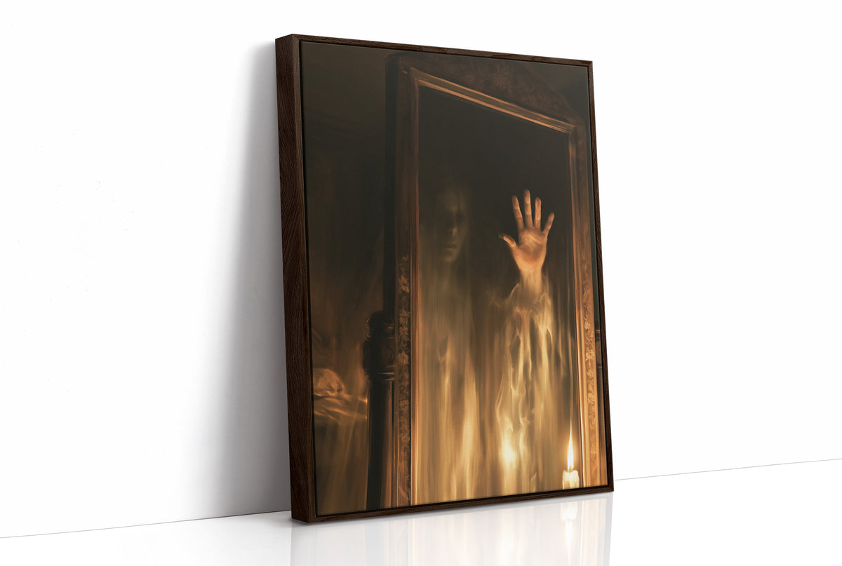 The Hall Remembers Every Visitor, pale ghostly hand reaching from a dark doorway lit in golden candlelight painting, as a framed canvas in a brown frame