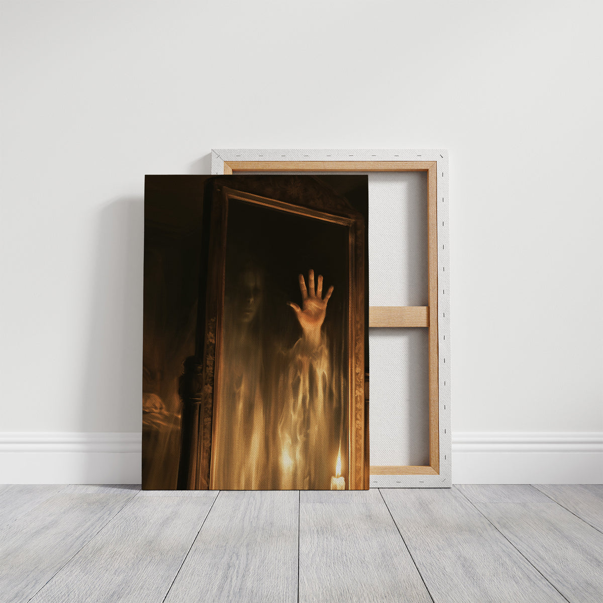 The Hall Remembers Every Visitor, pale ghostly hand reaching from a dark doorway lit in golden candlelight painting, on a gallery canvas with wrapped edges leaning against a white wall