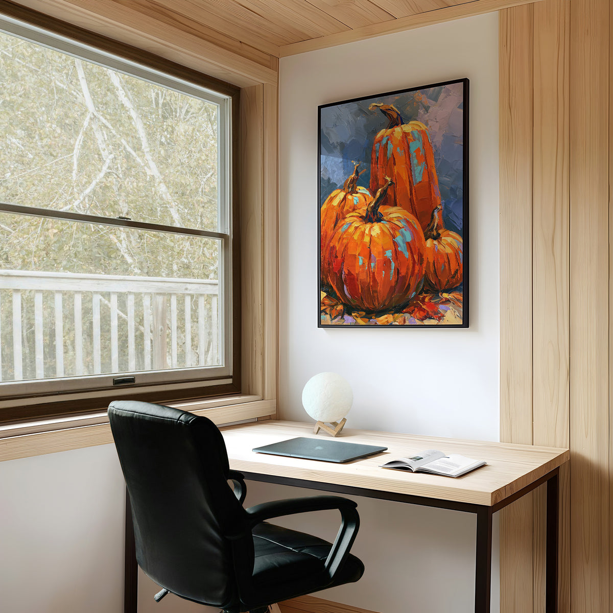 The Harvest Keeps Its Blue Hour, three painted pumpkins in orange and teal on a dusky blue ground with fallen leaves at their feet, in a loose, bold, painterly style, on a study wall above a writing desk and a black desk chair