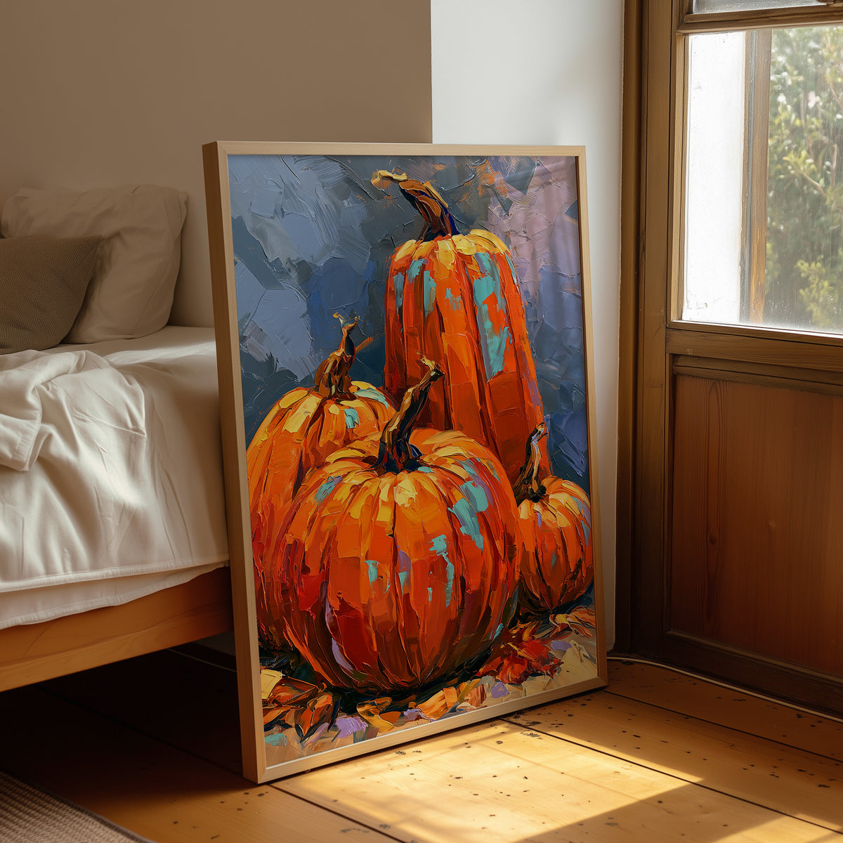 The Harvest Keeps Its Blue Hour, three painted pumpkins in orange and teal on a dusky blue ground with fallen leaves at their feet, in a loose, bold, painterly style, leaning on a wood floor in a bedroom beside white linen bedding