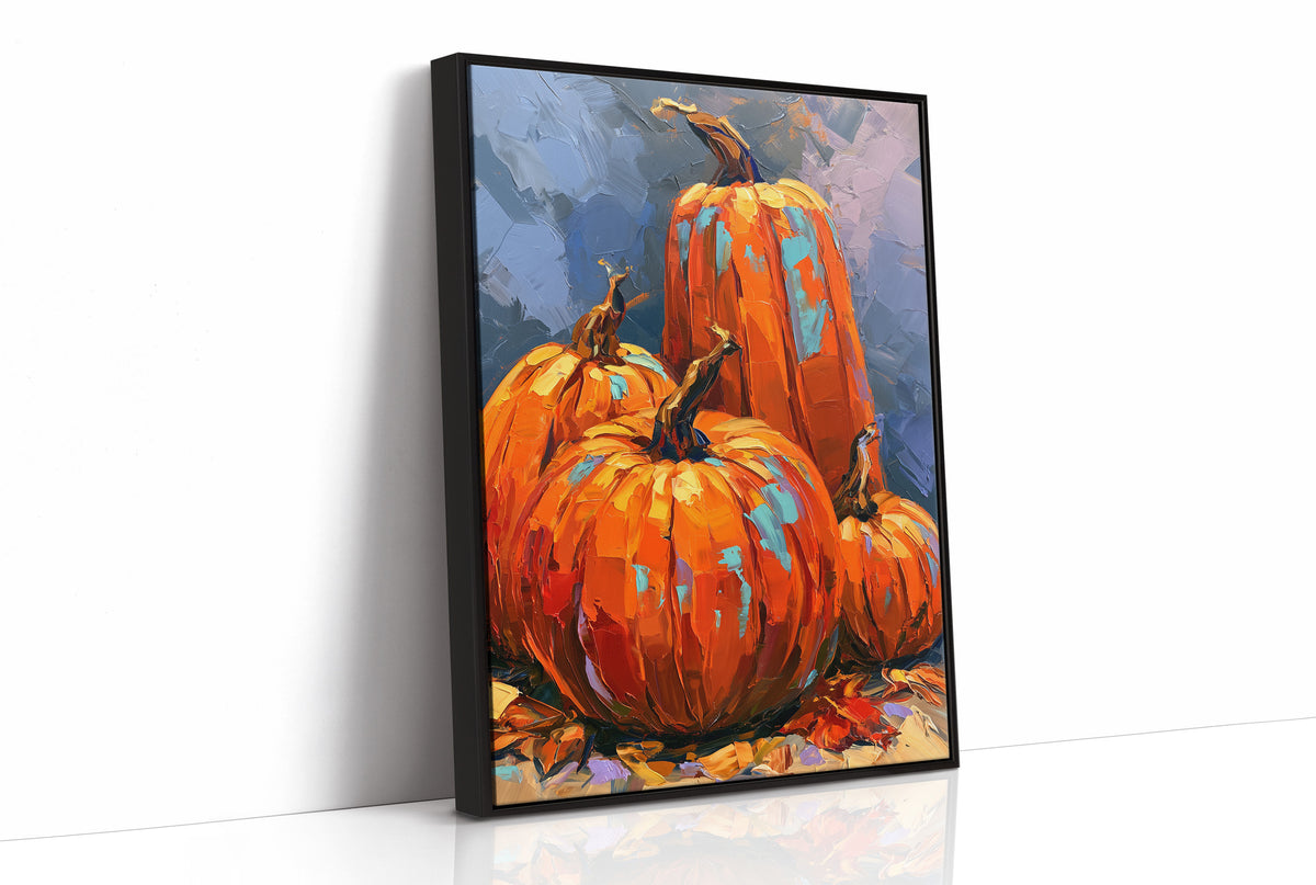 The Harvest Keeps Its Blue Hour, three painted pumpkins in orange and teal on a dusky blue ground with fallen leaves at their feet, in a loose, bold, painterly style, as a framed canvas in a black frame