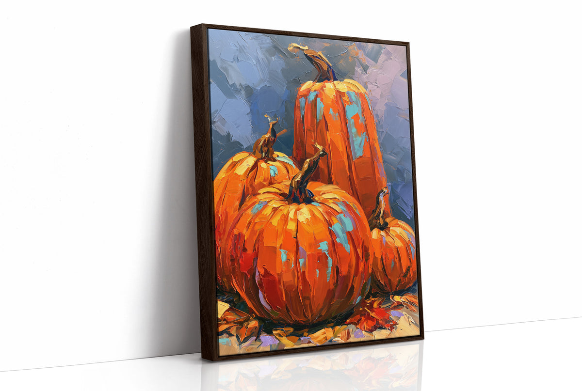 The Harvest Keeps Its Blue Hour, three painted pumpkins in orange and teal on a dusky blue ground with fallen leaves at their feet, in a loose, bold, painterly style, as a framed canvas in a brown frame