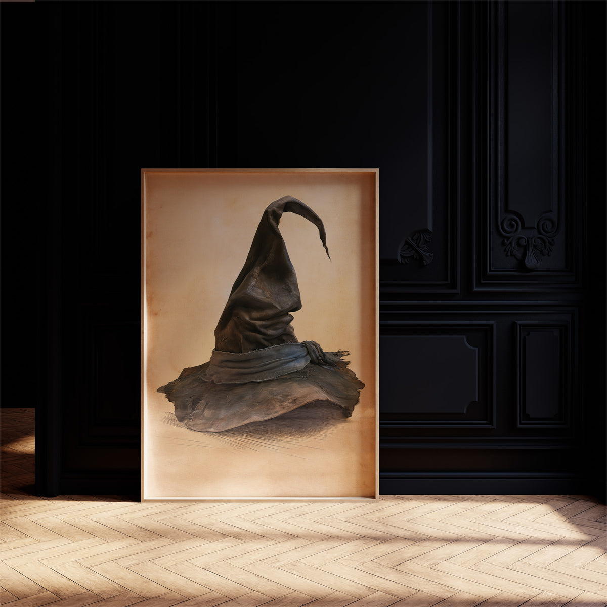 The Hat Left by the Door, a single pointed witch hat with a soft bend at the tip, sitting on a worn cream ground, painted in charcoal, brown and tan, on a black paneled wall above a sunlit herringbone floor