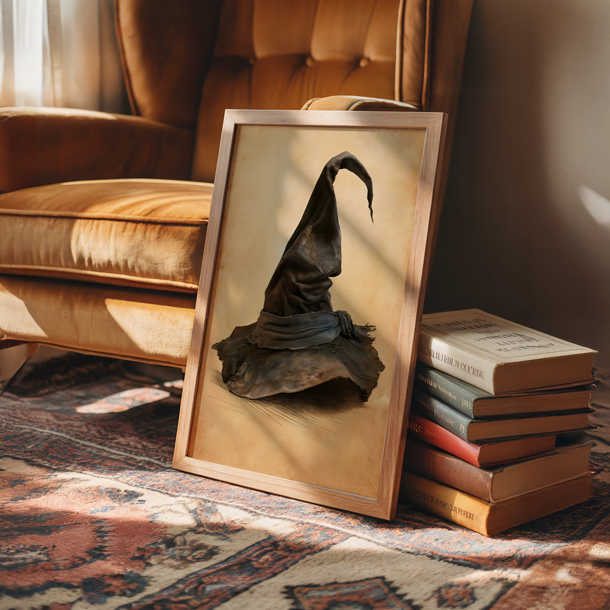 The Hat Left by the Door, a single pointed witch hat with a soft bend at the tip, sitting on a worn cream ground, painted in charcoal, brown and tan, in a wood frame on a rug beside a leather armchair and stacked books