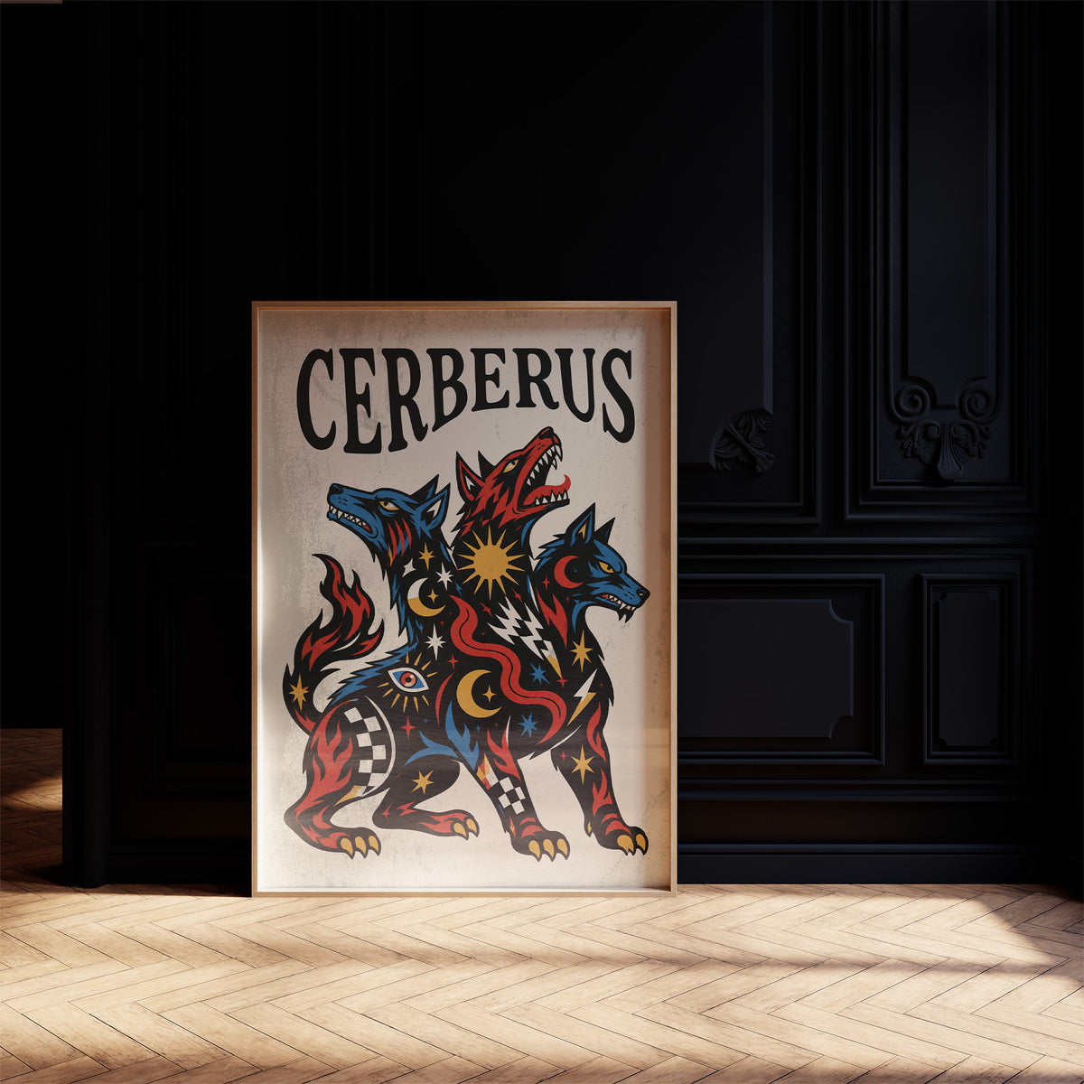 The Hound at the Threshold, a hound with several heads in red, blue and gold, with dark outlines and star and moon marks, in a bold flash sheet style with a black lettered name across the top, in a dark frame on a black paneled wall above a sunlit herringbone floor
