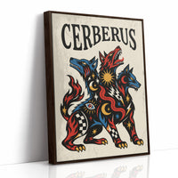 The Hound at the Threshold, a hound with several heads in red, blue and gold, with dark outlines and star and moon marks, in a bold flash sheet style with a black lettered name across the top, as a framed canvas in a brown frame