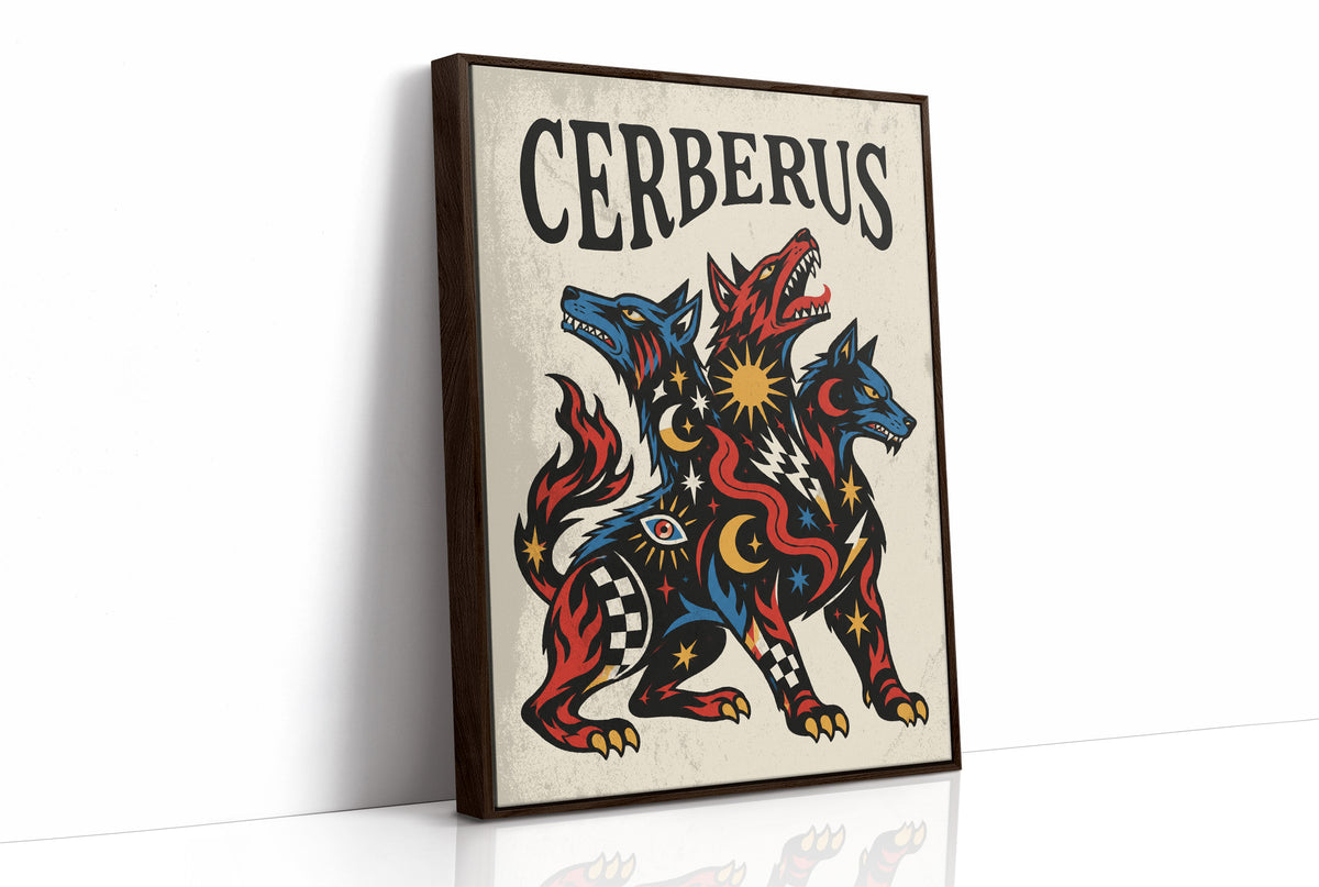 The Hound at the Threshold, a hound with several heads in red, blue and gold, with dark outlines and star and moon marks, in a bold flash sheet style with a black lettered name across the top, as a framed canvas in a brown frame