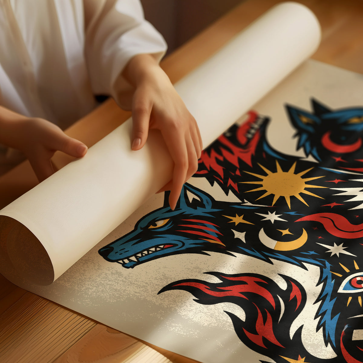 The Hound at the Threshold, a hound with several heads in red, blue and gold, with dark outlines and star and moon marks, in a bold flash sheet style with a black lettered name across the top, as a matte poster, unframed